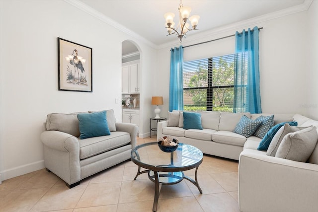 living room featuring crown molding, an inviting chandelier, and light tile patterned floors