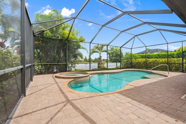 view of swimming pool with a lanai, an in ground hot tub, a patio, and a water view