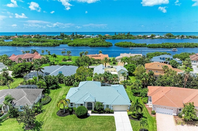 bird's eye view featuring a water view