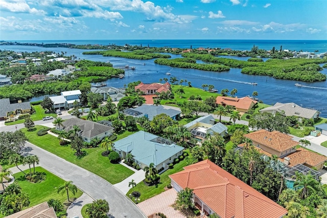 bird's eye view with a water view