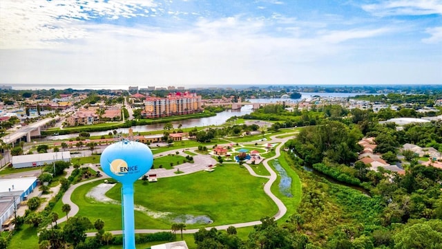 bird's eye view with a water view