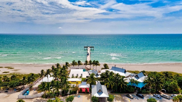 drone / aerial view with a water view and a view of the beach