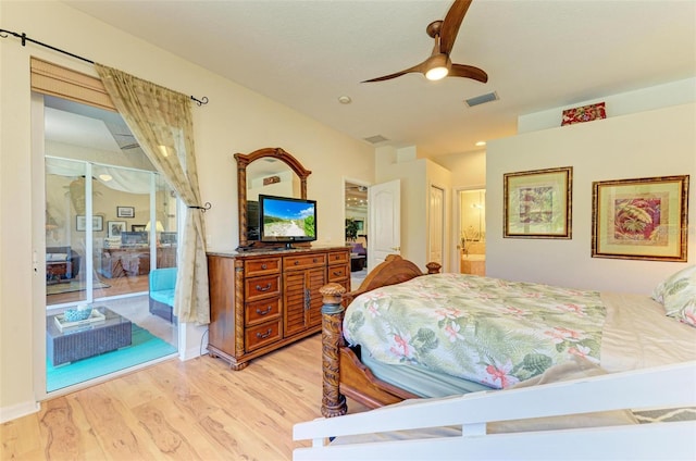 bedroom featuring ceiling fan, light hardwood / wood-style floors, connected bathroom, and access to exterior