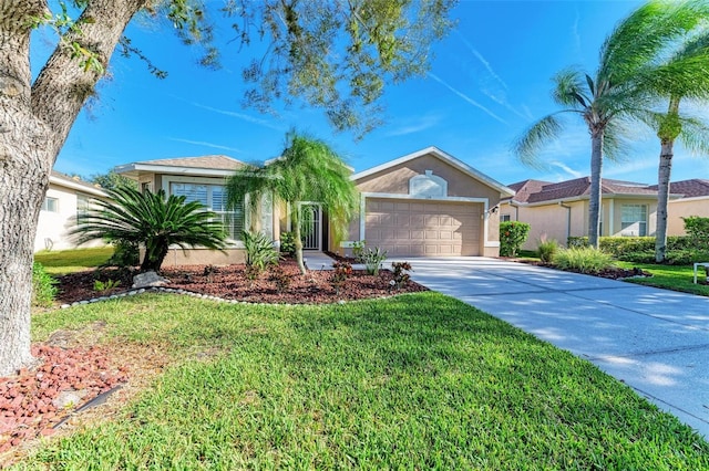 single story home featuring a garage and a front lawn