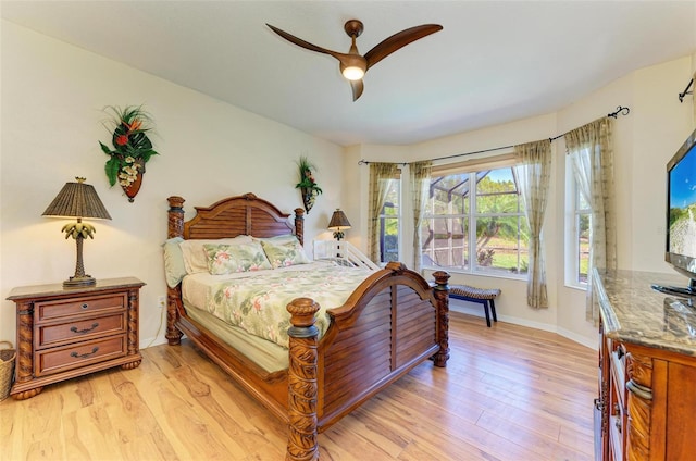 bedroom featuring ceiling fan and light hardwood / wood-style floors