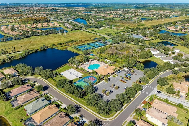 drone / aerial view featuring a water view