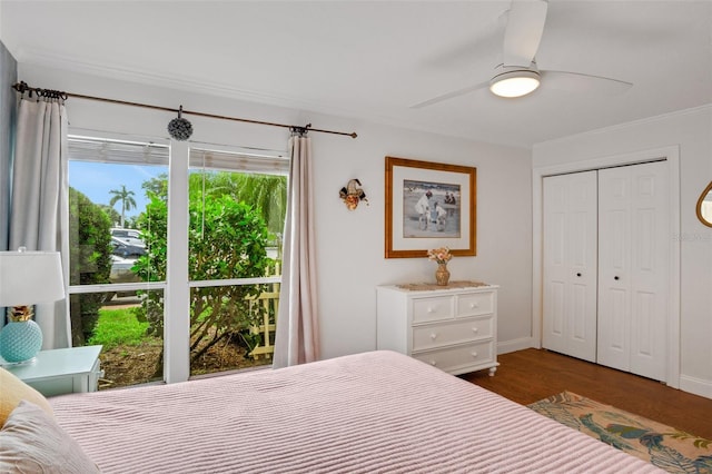 bedroom with ceiling fan, dark hardwood / wood-style flooring, and a closet