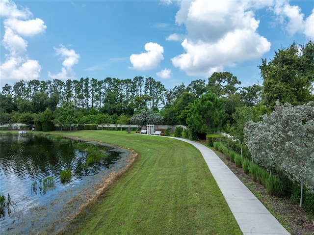 view of home's community featuring a water view and a lawn