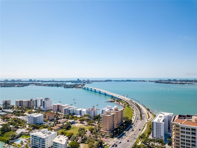 aerial view featuring a water view and a city view