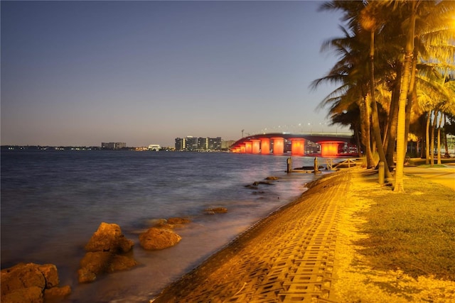 view of water feature with a beach view