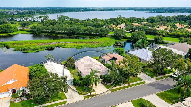 aerial view featuring a water view