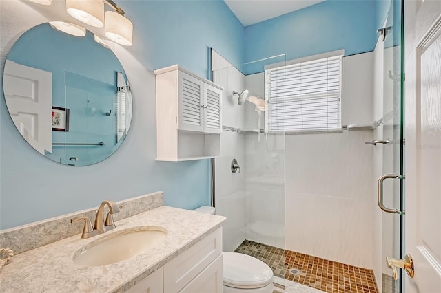 bathroom with vanity, toilet, and a shower with shower door