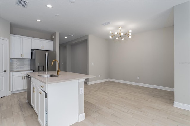 kitchen featuring appliances with stainless steel finishes, a kitchen island with sink, sink, and white cabinets