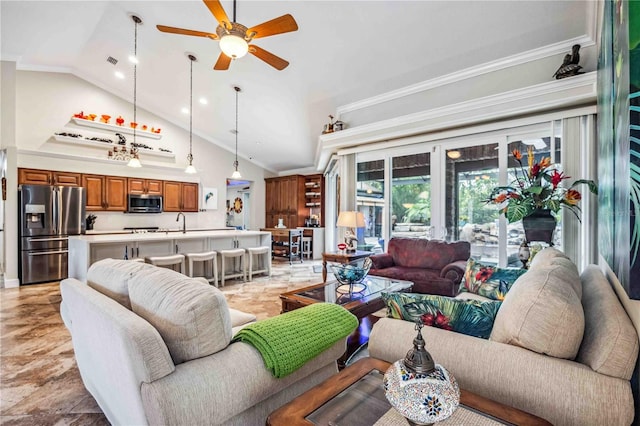 living room featuring high vaulted ceiling, visible vents, crown molding, and a ceiling fan