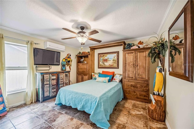 bedroom featuring ceiling fan, a textured ceiling, crown molding, and a wall mounted air conditioner