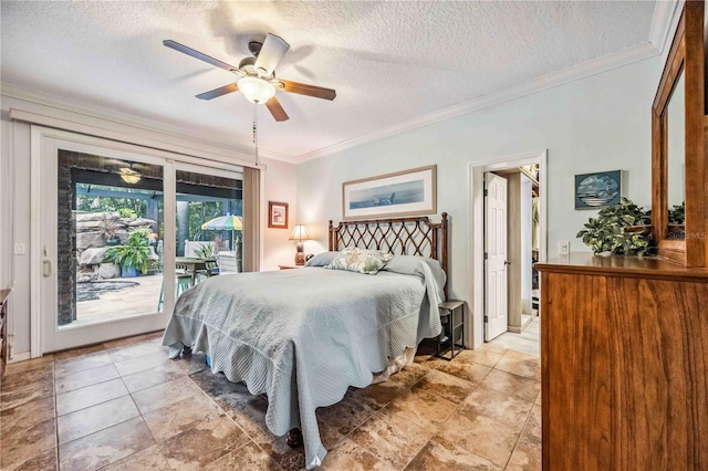 bedroom featuring ceiling fan, ornamental molding, a textured ceiling, and access to exterior