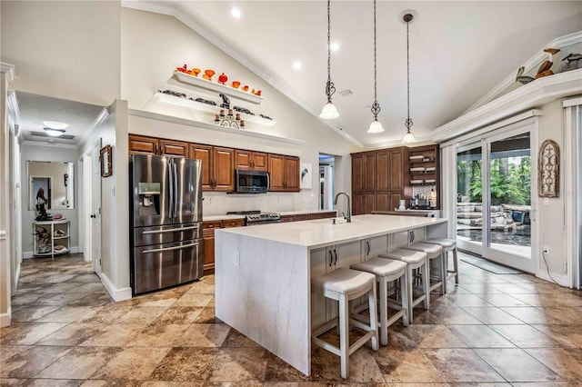 kitchen featuring open shelves, stainless steel appliances, a spacious island, light countertops, and ornamental molding