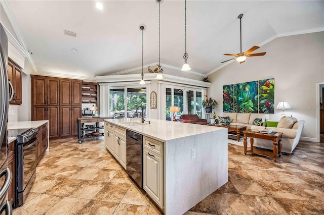 kitchen featuring black appliances, vaulted ceiling, a sink, and light countertops