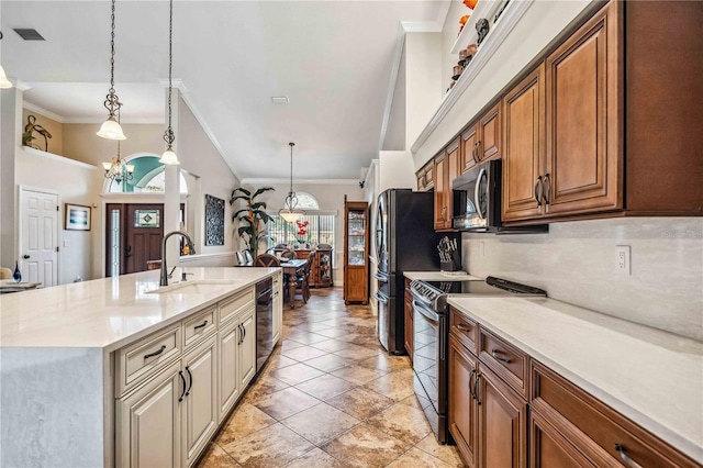 kitchen with a sink, visible vents, black dishwasher, electric stove, and stainless steel microwave