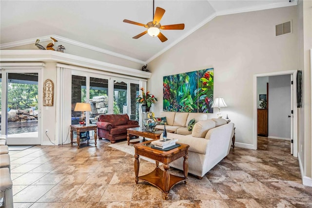 living room with visible vents, baseboards, ceiling fan, ornamental molding, and high vaulted ceiling