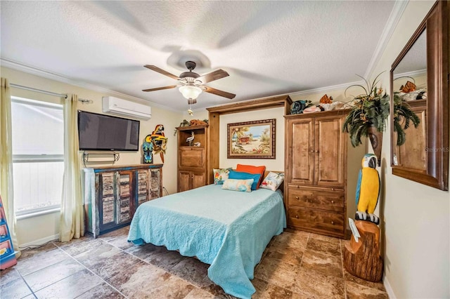 bedroom featuring a textured ceiling, a wall mounted air conditioner, and crown molding