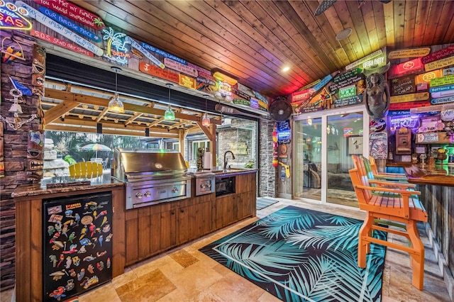 interior space featuring lofted ceiling, wooden ceiling, a sink, and a wealth of natural light