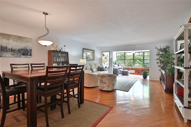 dining space featuring a textured ceiling and hardwood / wood-style flooring