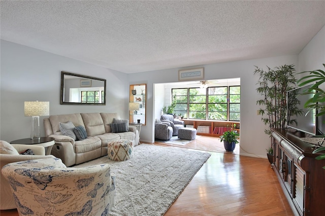 living room with a textured ceiling and light hardwood / wood-style floors