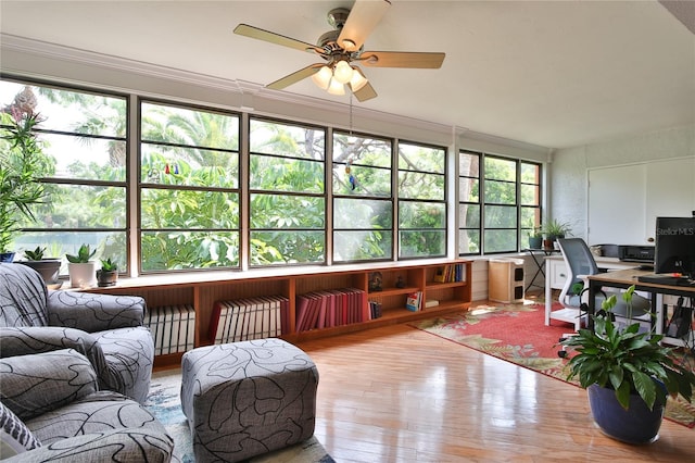 interior space with hardwood / wood-style floors, ceiling fan, and a wealth of natural light