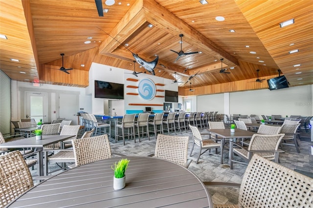 dining space with ceiling fan, beam ceiling, wood ceiling, and high vaulted ceiling