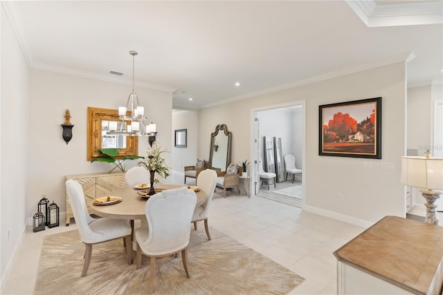 tiled dining space featuring ornamental molding