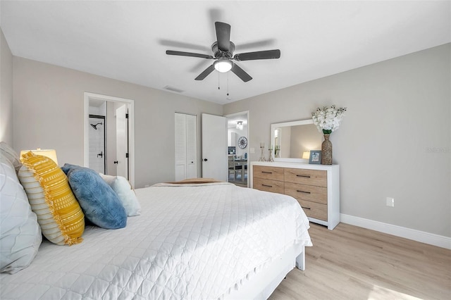 bedroom featuring ceiling fan, light wood-type flooring, and a closet