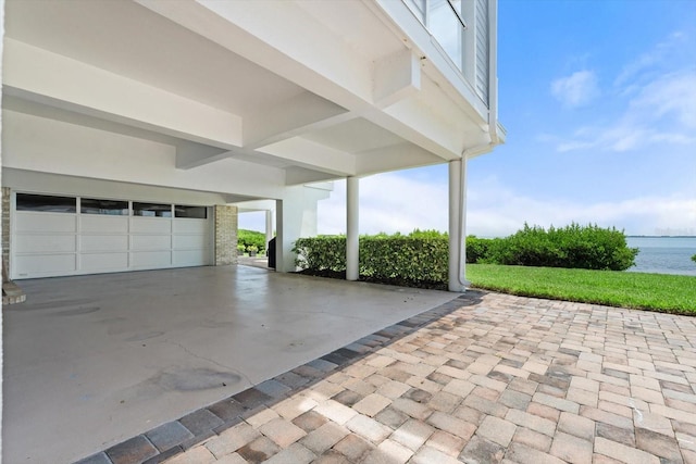 garage with a water view