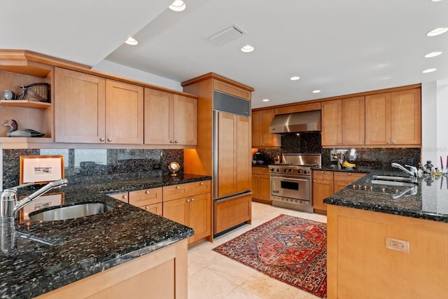 kitchen with dark stone countertops, tasteful backsplash, wall chimney exhaust hood, premium appliances, and sink