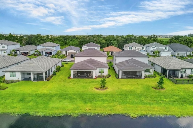 bird's eye view with a water view