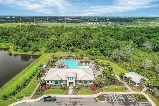 aerial view featuring a water view