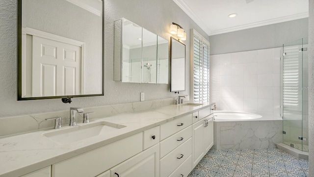 bathroom with tile patterned flooring, vanity, independent shower and bath, and ornamental molding