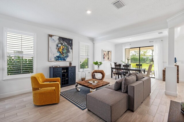 living room with light wood-type flooring and a textured ceiling