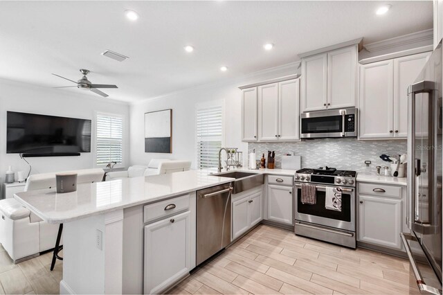 kitchen featuring a breakfast bar area, stainless steel appliances, a wealth of natural light, and ceiling fan