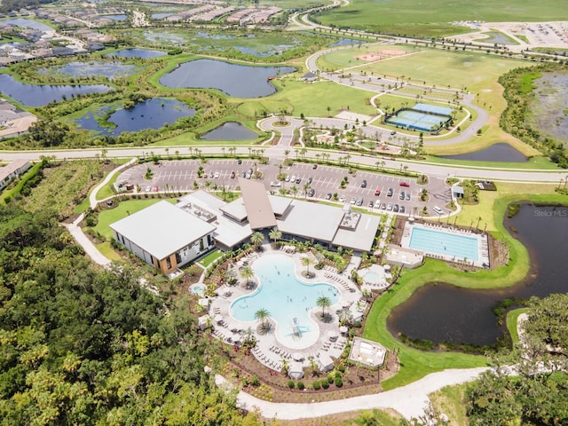 aerial view featuring a water view