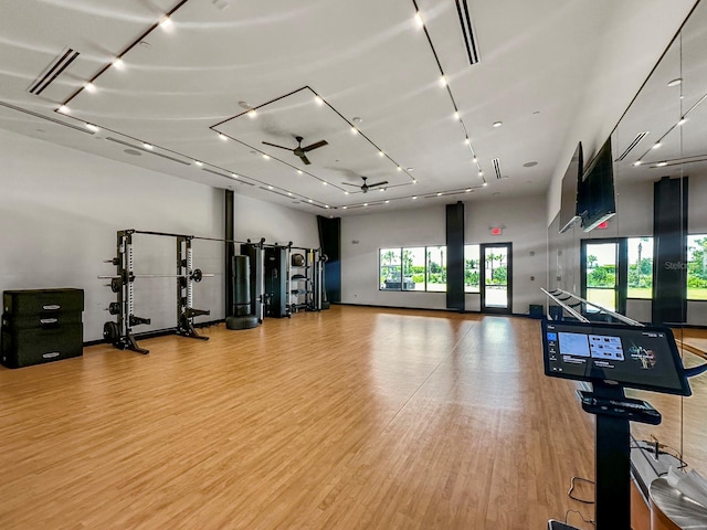 workout area with ceiling fan, light wood-type flooring, french doors, and plenty of natural light