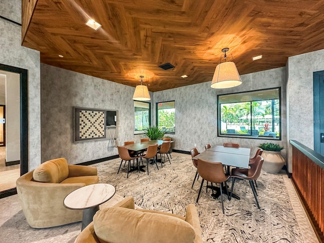 dining room featuring wood ceiling