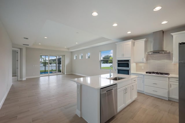 kitchen with stainless steel appliances, a tray ceiling, sink, and wall chimney exhaust hood