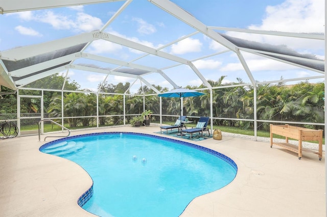 view of pool featuring a patio and a lanai