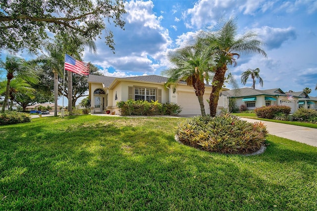 single story home featuring a garage and a front yard