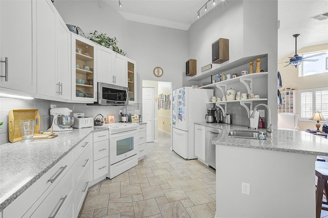 kitchen featuring decorative backsplash, ceiling fan, rail lighting, stainless steel appliances, and sink