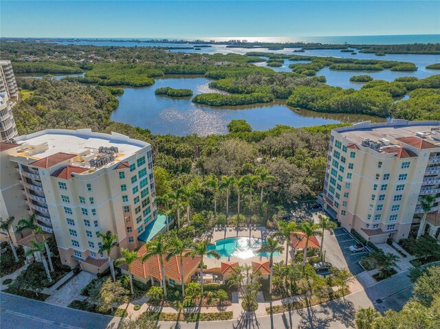 drone / aerial view with a water view