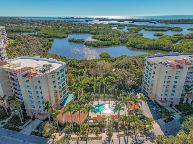 bird's eye view with a water view