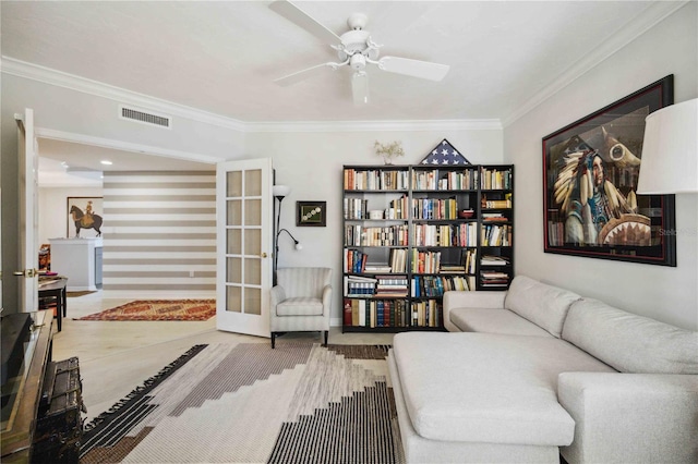 living room featuring french doors, crown molding, and ceiling fan