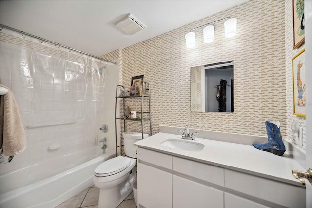 full bathroom with vanity, shower / bath combination with curtain, tile patterned flooring, and toilet